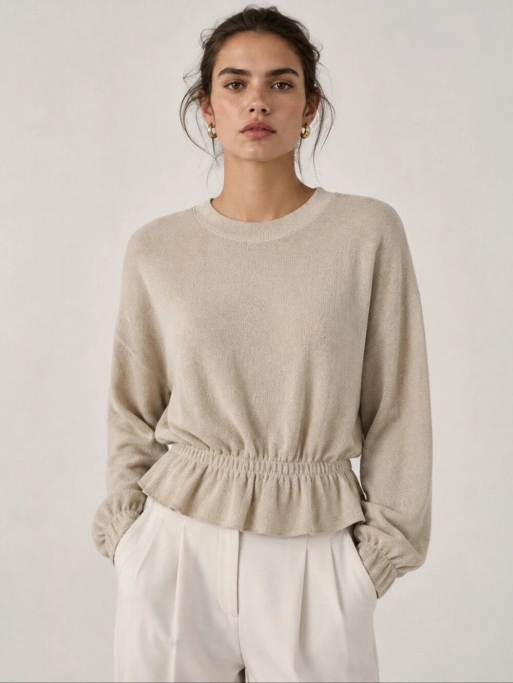 Zara Textured Beige Long Sleeve Peplum Top - Size Medium